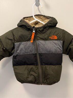 The North Face Kids Olive Puffer Jacket with Orange Logo 6-12 months